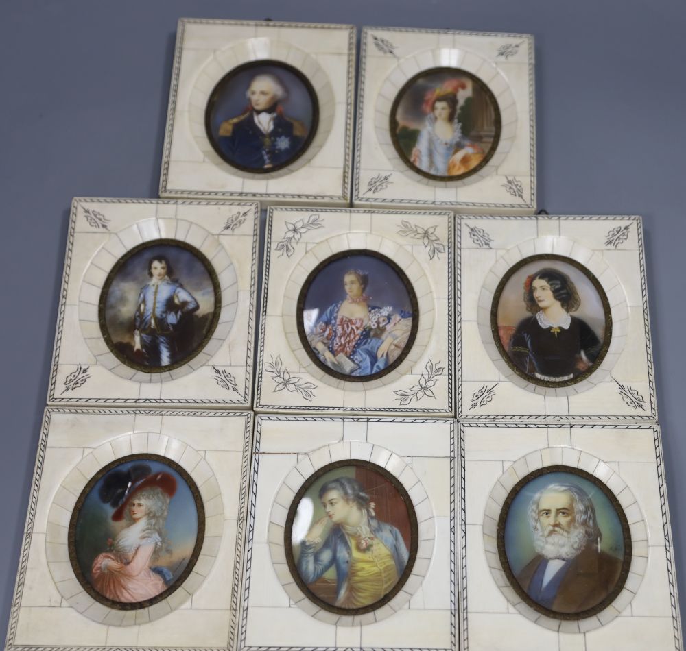 Eight 19th century portrait miniatures in old piano key frames